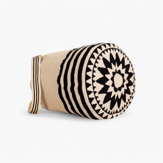 Striped net round tote bag | Black