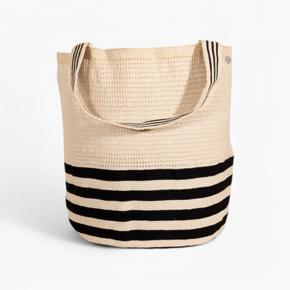 Striped net round tote bag | Black